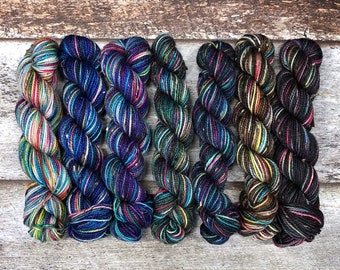 Galaxy Collection Mini Skein Set | Fingering Total 140g 612yds | Donegal Yarn in Rainbow Colors + Blue Purple Black Green | SW Merino Nylon