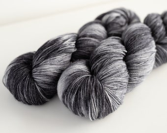 Hand Dyed Sparkle Yarn | Variegated Hand Dyed Yarn in Black and Gray with Glitter | SW Merino, Nylon, Stellina | Witch's Fashion Show