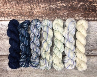 Mini Skein Set | Lakeside Collection | Fingering  Total 140g 612yds | Navy Blue Green Purple + Silver Sparkle | SW Merino Nylon Stellina