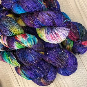 Hand Dyed Yarn | Fingering 100g 438 yd | Donegal Yarn Purple + Rainbow Colors | Superwash Merino Wool  Nylon | Galaxy Collection Supernova