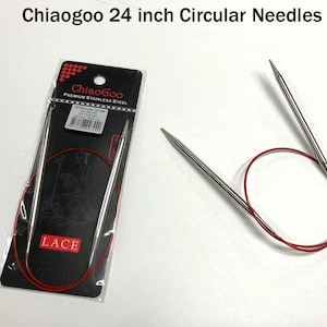 May include: A pair of 24 inch circular knitting needles made of stainless steel. The needles are silver and the cord is red. The packaging has the brand name "Chiaogoo" and the words "Premium Stainless Steel" and "Lace".