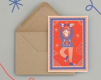 CHRISTMAS JUMPER GIRL- Colourful  Risograph Printed Greetings Card