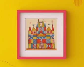 CUTE COLOURBLOCK CASTLE Risograph Mini Print (20 x 20cm)