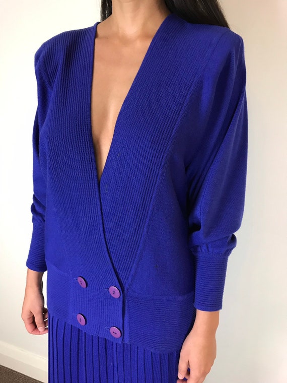 Vintage 80s Ladies Purple Wool Skirt Suit Cardigan
