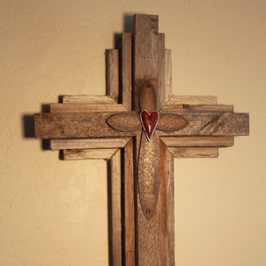 Cross #44: Free Shipping - Wall Cross from salvaged rustic wood - 24"  with heart center - copper metal