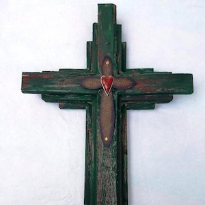 Cross #94: Free Shipping - Santa Fe Style - Small Wooden Rustic Cross   24" tall, green with reddish hints and wood tones