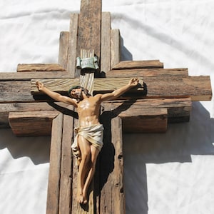Cross #1: Free Shipping - Crucifix - Gorgeous Jesus Corpus on Large Wooden Rustic Wall Cross   33" tall  Stained with warm wood tones