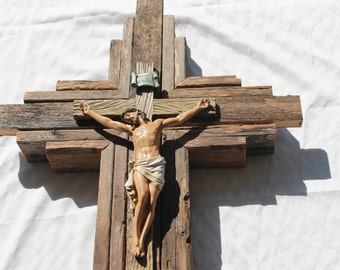 33" wooden cross with Crucifix (stained with warm tones) | Handcrafted Cross - Christian Wall Art Decor - Reclaimed Wood - Cross #48