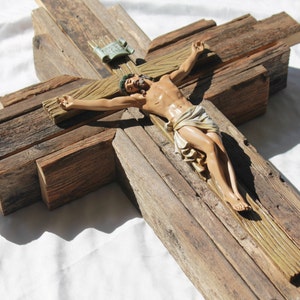 Stained 24&quot; Wooden Cross with crucifix (warm wood tones) | Handcrafted Cross - Christian Religious Wall Art - Reclaimed Wood | Cross #7