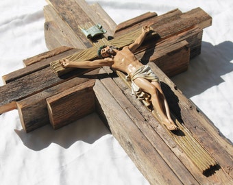 Stained 24" Wooden Cross with crucifix (warm wood tones) | Handcrafted Cross - Christian Religious Wall Art - Reclaimed Wood | Cross #7