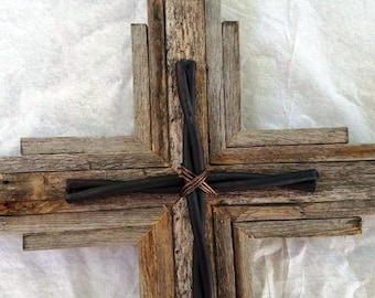 33" Wooden cross with metal centerpiece | Handcrafted Cross - Christian Wall Art Decor - Reclaimed Wood | Cross #35