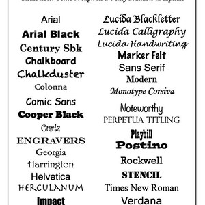May include: A list of popular fonts in black text on a white background. The fonts are listed in alphabetical order. The text at the top of the image reads "Popular Fonts" and "Please note: Fonts in capitals are only available in capitals."