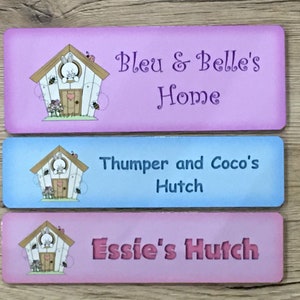 RABBIT HUTCH SIGNS: Pink, Blue, Green, Purple or Cream Metal Bunny Name Plaques
