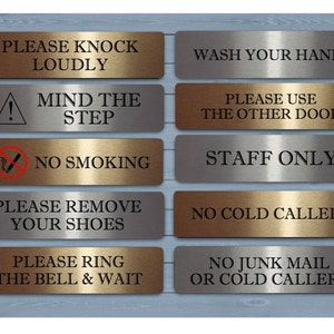 VITAL SIGNS for Home or Office (LARGE): No Junk Mail; Soliciting; No Smoking; Close Door; Beware of Dog Gold, White or Silver Metal Plaques