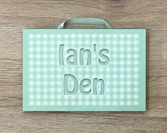 ADD YOUR TEXT to Wood or Metal Handmade Sign Door Plaque: Gingham Check in Pink, Blue, Green or Grey