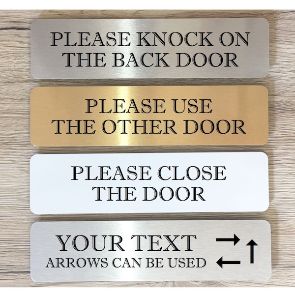 VITAL SIGNS for House or Office: Knock on Door, Use Other Door, Own Text & Arrow Metal Plaques in Gold, Silver or White