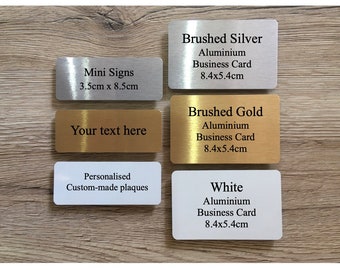 ADD TEXT to MINI Custom Made Metal Signs for House or Office in Gold, Silver or White: Packs of Two