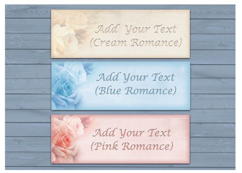 May include: Three printable gift tags with rose images and text that says "Add Your Text" with the color of the rose in parentheses. The colors are cream, blue, and pink.