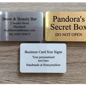 ADD TEXT to MINI Custom Made Metal Signs for House or Office in Gold, Silver or White: Packs of Two Bus. Card 8.4x5.4 cm