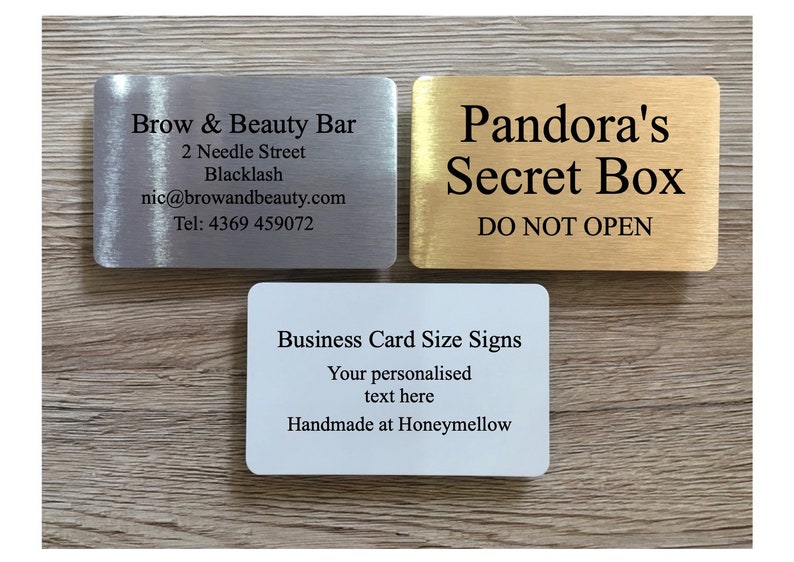 ADD TEXT to MINI Custom Made Metal Signs for House or Office in Gold, Silver or White: Packs of Two Bus. Card 8.4x5.4 cm