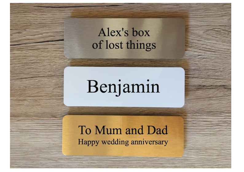 ADD TEXT to MINI Custom Made Metal Signs for House or Office in Gold, Silver or White: Packs of Two Mini 3.5x8.5 cm