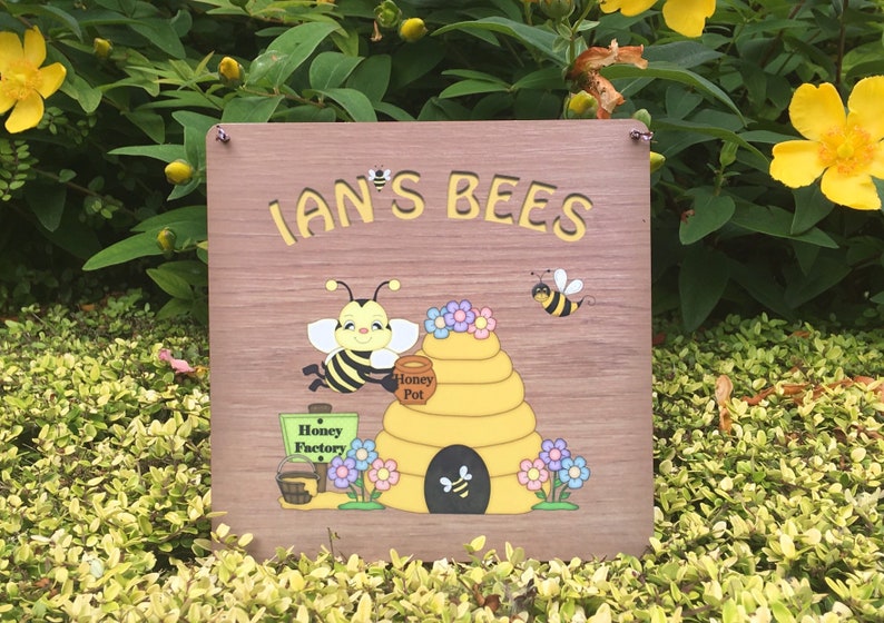 Bee Sign: Personalised Wood Effect Metal Plaque for all Beekeepers image 4