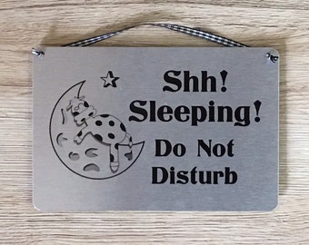 SHH! SLEEPING Do Not Disturb Silver, Gold or White Sign: Add Own Text to Personalise with adhesives, magnet or hanging option
