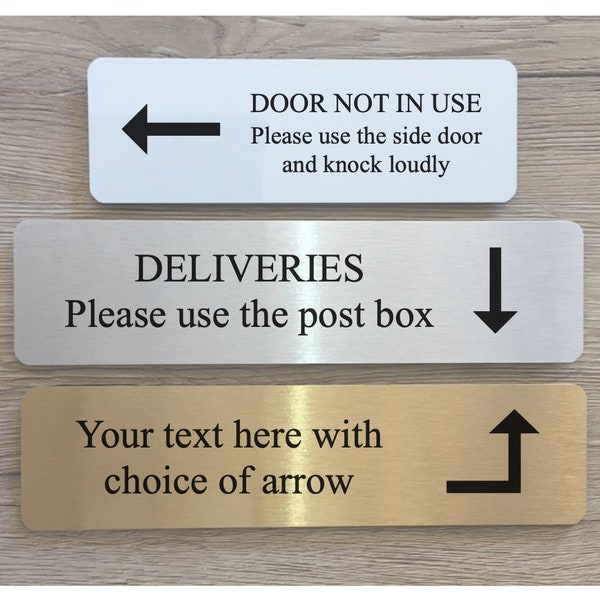 ARROW DOOR SIGN Vital Signs: Own Text Metal Plaques in Gold, Silver or White