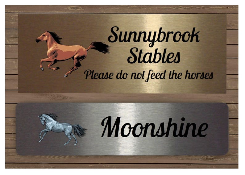 HORSE NAME / STABLE Sign in Brushed Silver, Gold or White Metal Add Your Own Text image 1