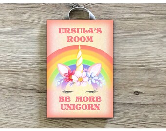Personalised Rainbow Unicorn Custom Made Children's Bedroom Sign, Door Plaque in Wood or Metal