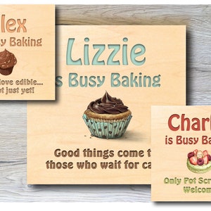 MAPLE WOOD Busy Baking Cupcake Signs: Bespoke Personalised Wall Plaque