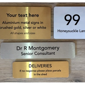 AGREGUE SU TEXTO a letreros personalizados en plata cepillada, oro o blanco para su casa, negocio u oficina: todos los tamaños y formas