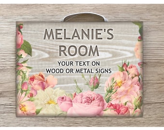 BESPOKE SIGN Custom Made Door Plaque  in Metal or Wood: Floral Frame Wood Effect Design