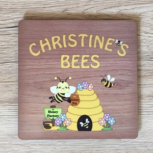 Bee Sign: Personalised Wood Effect Metal Plaque for all Beekeepers image 1