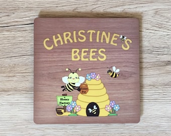 Bee Sign: Personalised Wood Effect Metal Plaque for all Beekeepers