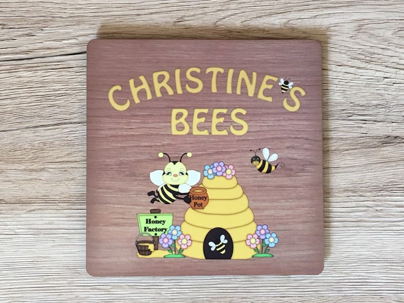 Bee Sign: Personalised Wood Effect Metal Plaque for all Beekeepers image 1