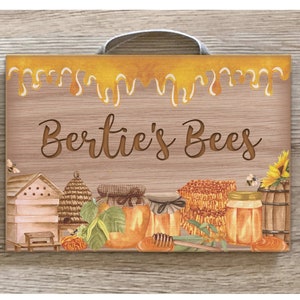 Personalised BEE / HONEY Door Plaque in Metal or Wood: Wood Effect Design