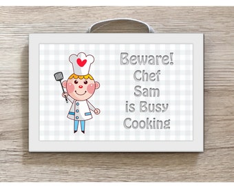 Chef Busy Cooking Hanging Metal or Wood Sign: Add Own Text to Personalise