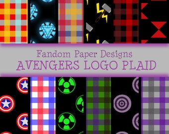 Avengers Logos and Plaid - Digital Scrapbook Paper - Twelve Sheets