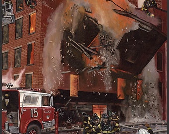 Może przedstawiać: Malowanie przedstawiające scenę pożaru z strażakami walczącymi z pożarem. Czerwony wóz strażacki z numerem 15 i napisem "FDNY" jest zaparkowany przed płonącym budynkiem. Budynek jest ogarnęty płomieniami i dymem, a z górnych pięter spadają gruzy. Strażacy w pełnym wyposażeniu są widoczni podczas walki z pożarem za pomocą węży i drabin.