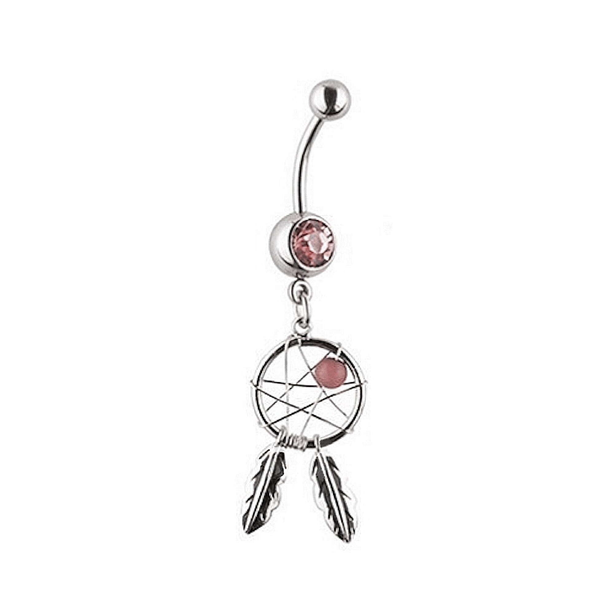 Dreamcatcher Dangle Belly Button Ring Pink CZ Gems Surgical Steel 316L 14g