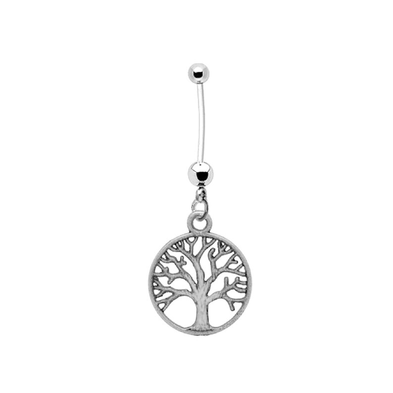 Pregnancy Belly Button Ring Antiqued Silvertone TREE OF LIFE 14g BioFlex and Stainless Steel Navel Piercing Maternity Body Jewelry