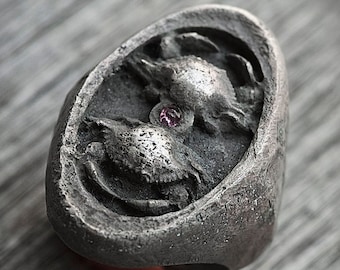 Double crab ring and natural ruby oxidized silver silver sterling double crab ruby oxidized ring chevalier collection "Cheva"