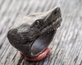 White shark ring silver 925 silver sterling white shark fish oxidized ring collection "Kraken"