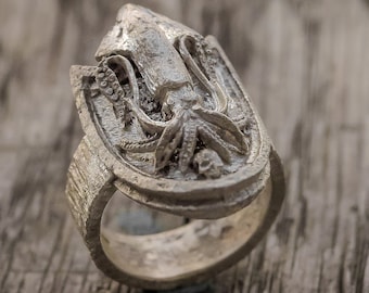 Squid ring 925 silver sterling silver squid fish skull oxidized ring collection "Kraken"