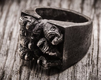 Piranha fish ring, 925 silver, large version, silver sterling big piranha fish oxidized ring collection "Piranha"