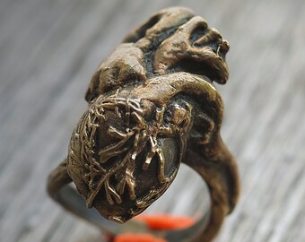 Heart ring in imitation gold, oxidized brass for jewelry, heart and oxidized ring collection "empaty" size ITA15