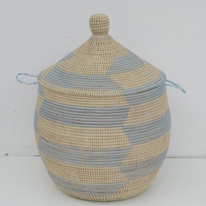 Chevron, Laundry Hamper, African Basket, Handwoven Basket, Orange and beige, sky blue and beige image 3