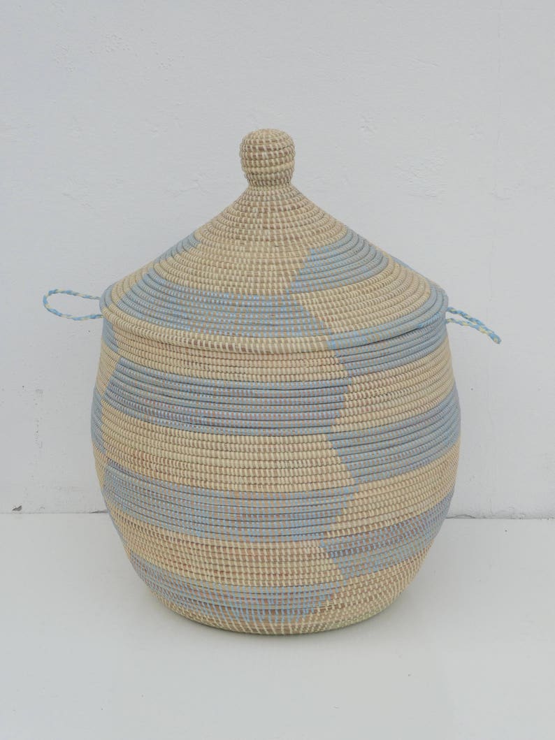 Chevron, Laundry Hamper, African Basket, Handwoven Basket, Orange and beige, sky blue and beige image 3