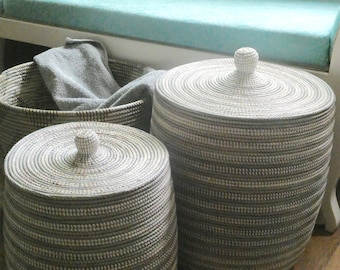 Handwoven Hamper, Silver Grey and White Stripes, African Style